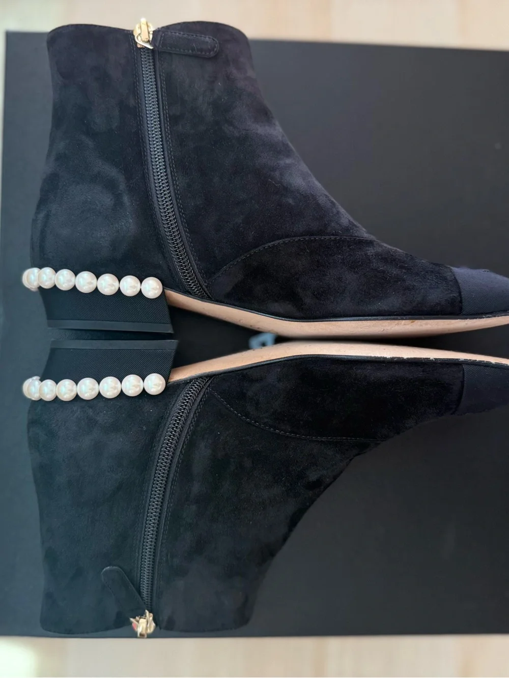 CHANEL Black Suede Pearl Heel Ankle Boots
